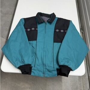 Vintage Southwestern Teal Black Colorblock aztec Blanket Lined Bomber Jacket L
